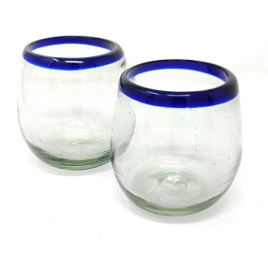 Dos Sueños Mexican Hand Blown Stemless Wine Glasses - Blue Rim - 15oz - Set of 2 - 1 of 4