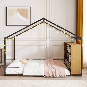 CAVINAS Twin/Full Size House Bed Frame with Shelves & Lights,Metal Floor Bed for Kids Room,Bedroom - 1 of 4