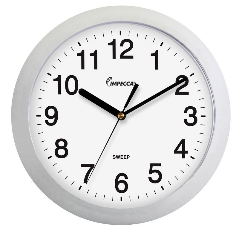 Impecca 14 Inch Sweep Movement Wall Clock, Silver Frame, 1 of 4