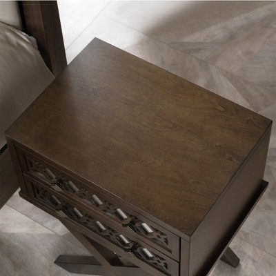 Walnut Mirrored Diamond Filigree 2-Drawer X Base Nightstand