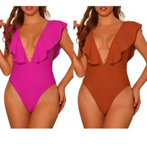 INSPIRE CHIC Women's V Neck Ruffled High Cut Tummy Control Monokini Swimwear Bathing Suit One Piece 2 Sets - 1 of 4