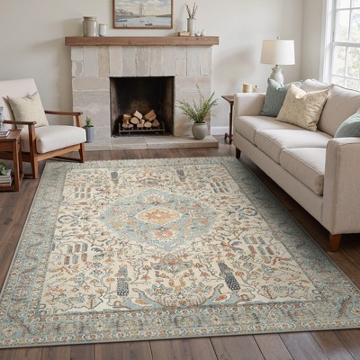 Abynow Floral Loomed Machine Washable Area Rug, BEIGE, 8' x 10'