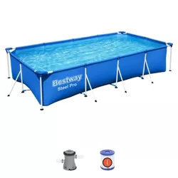Bestway Steel Pro 13 Feet x 7 Feet x 32 Inch Rectangular Metal Frame Above Ground Outdoor Backyard Swimming Pool, Blue (Pool Only)