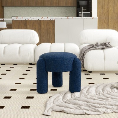 Cerulean Blue Boucle Round Upholstered Ottoman with Eucalyptus Legs