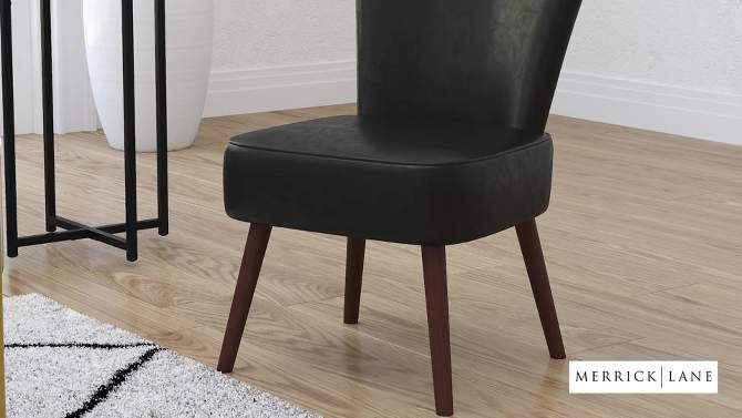 Merrick Lane Santino Black Faux Leather Mid-Back Retro Accent Side Chair with Flared Wooden Legs, 2 of 11, play video
