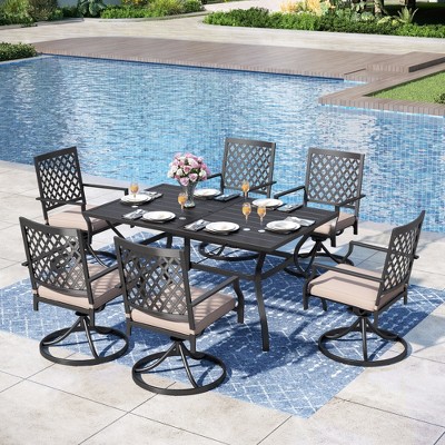 Captiva Designs 7pc Outdoor Patio Dining Slat-top Rectangle Steel Table & Swivel Metal Chairs with Cushions