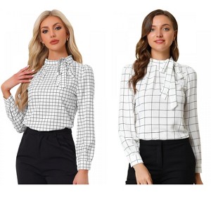 INSPIRE CHIC Women's Bow Tie Neck Keyhole Back Grid Checks Office Work Blouses 2 Packs - 1 of 4