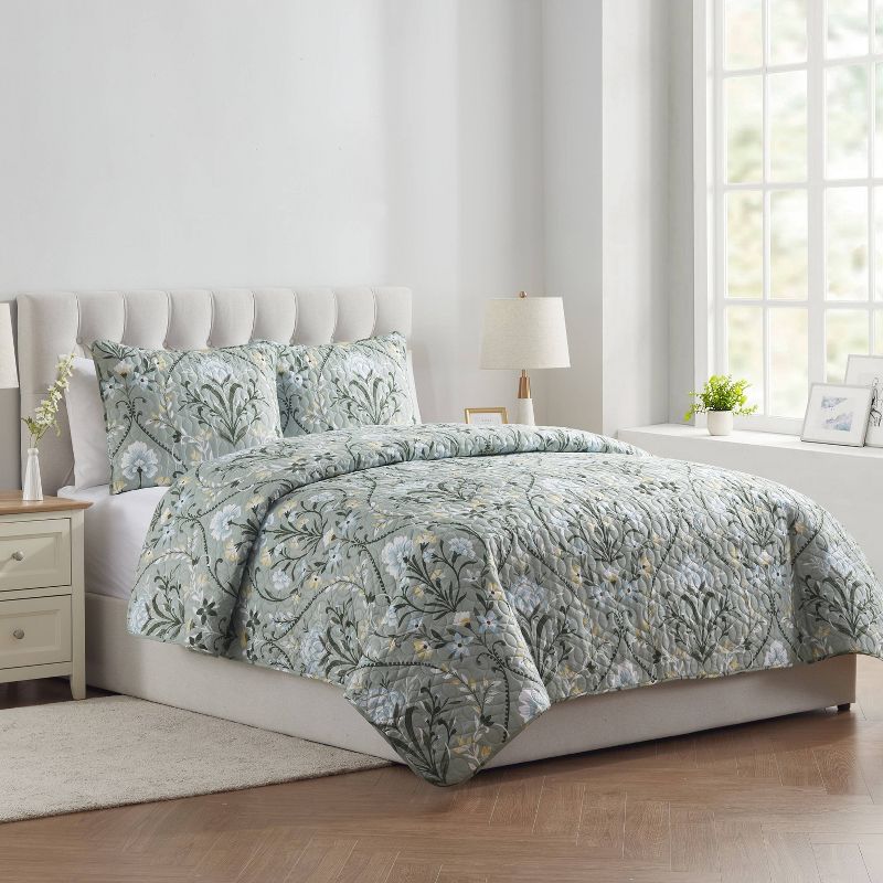 VCNY 3pc Home Province Green Floral Damask Printed Quilt Set Green, 3 of 7