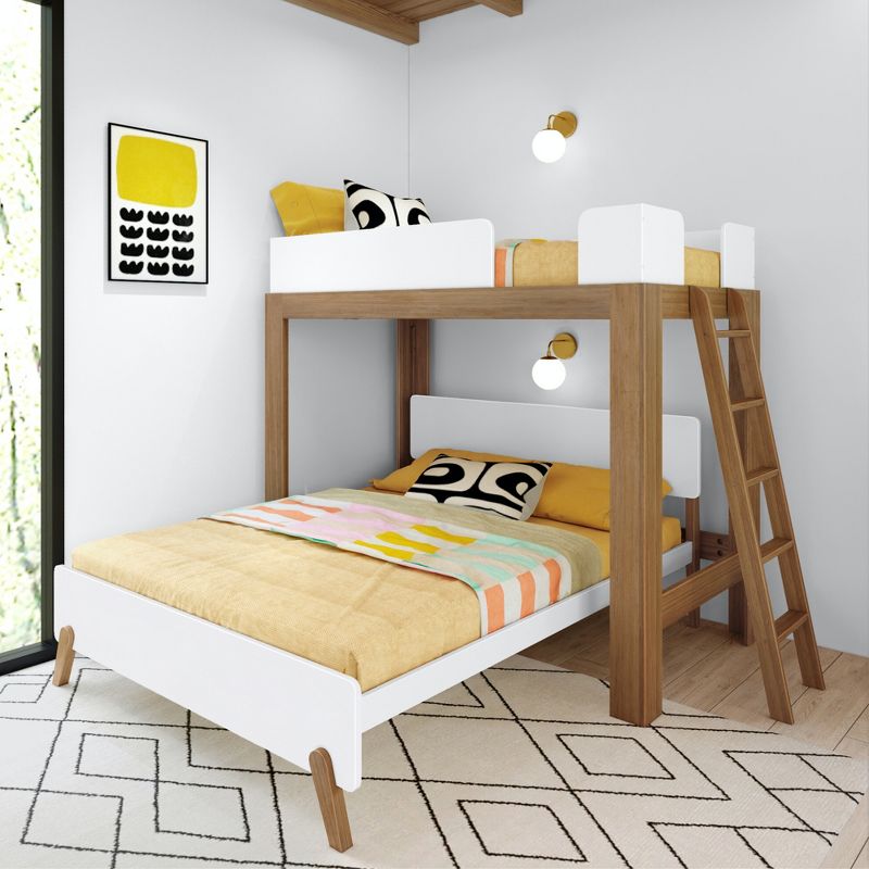 Max & Lily Mid-Century Modern L-Shaped Twin over Queen Bunk Bed with Ladder on End, Pecan and White, 2 of 6