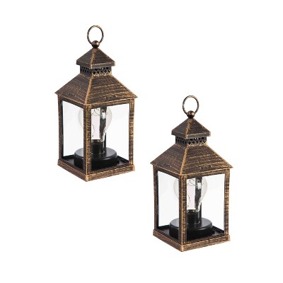 8.5" Black and Brushed Gold Battery Operated Lantern Set