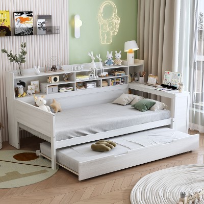 Kumasinova Versatile Twin/Full Size Daybed with Twin Size Trundle,Storage Shelves & Study Desk,Wooden Slatted Platform Bed Frame with 550lbs Max
