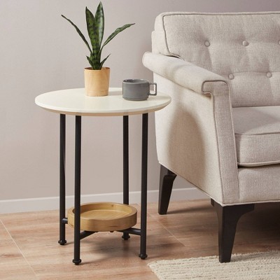 Modern Round White Wood and Metal End Table