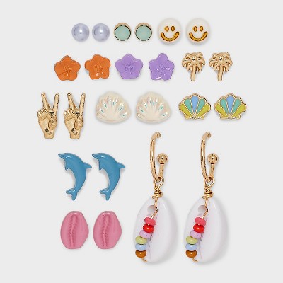 Girls 12pk Tropical Studs And Shells Earring Set Art Class