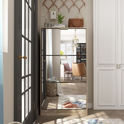 Famapy Shoe Cabinet White Mirror Design 3 Tier Flip Door Shoe Rack Cabinet Organizer
