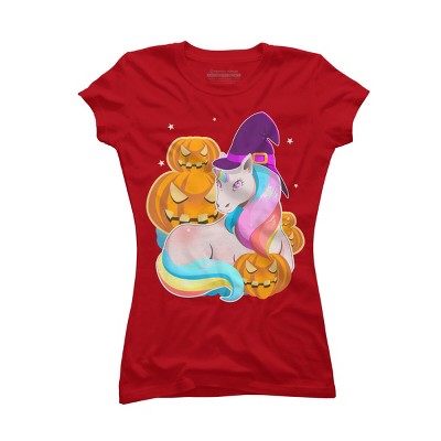 Junior's Design By Humans Cute Unicorn With Jack O Lantern Halloween T Shirt By thebeardstudio T-Shirt