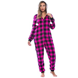 Just Love Womens One Piece Buffalo Plaid Adult Bodysuit Faux Sherling Lined Hoody Pajamas - 1 of 4