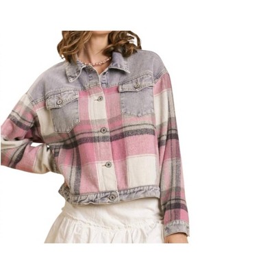 Women's Plaid Button Down Denim Jacket - umgee