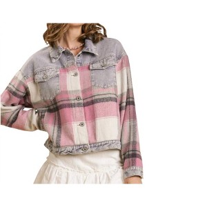 Women's Plaid Button Down Denim Jacket - umgee - 1 of 4