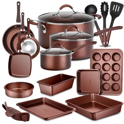 NutriChef 20pc Basic Kitchenware Pots & Pans Set - Brown