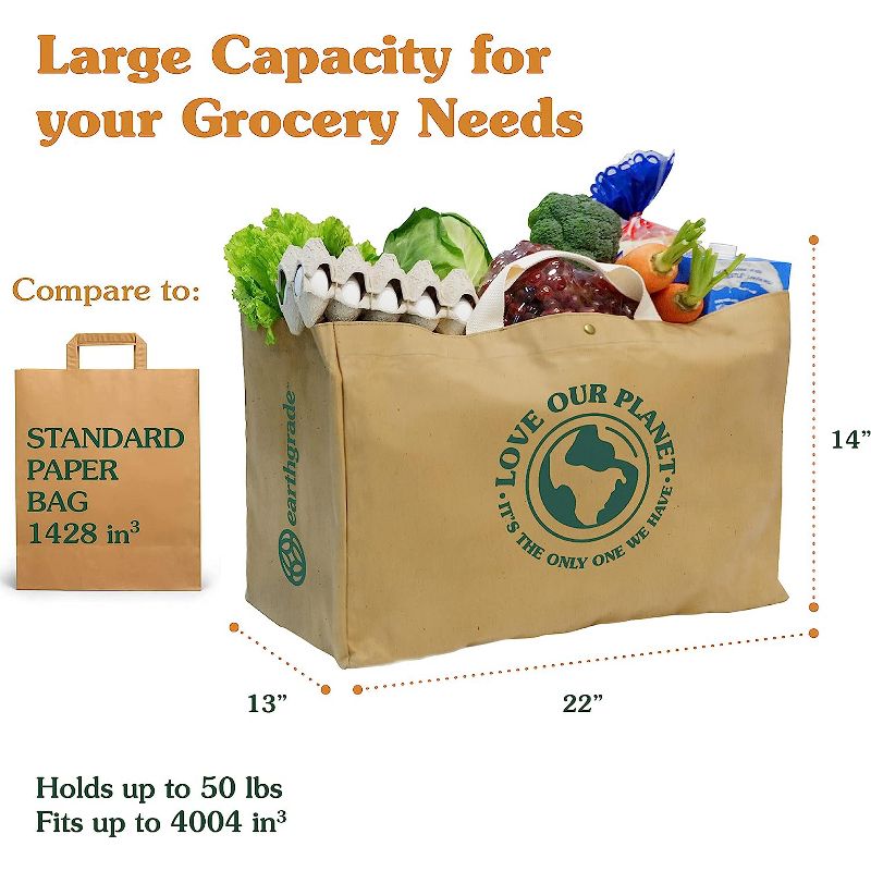 EARTHGRADE Reusable Grocery Shopping Bag Sustainable & Eco Friendly Washable Paper Totes with Cotton Canvas Handles & Durable Seams (X-Large), 6 of 10
