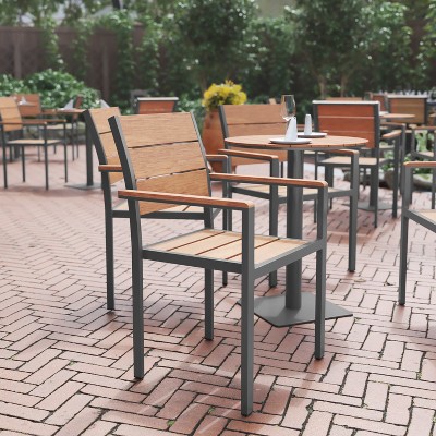 Gray Metal Patio Dining Chair with Natural Faux Teak Slats