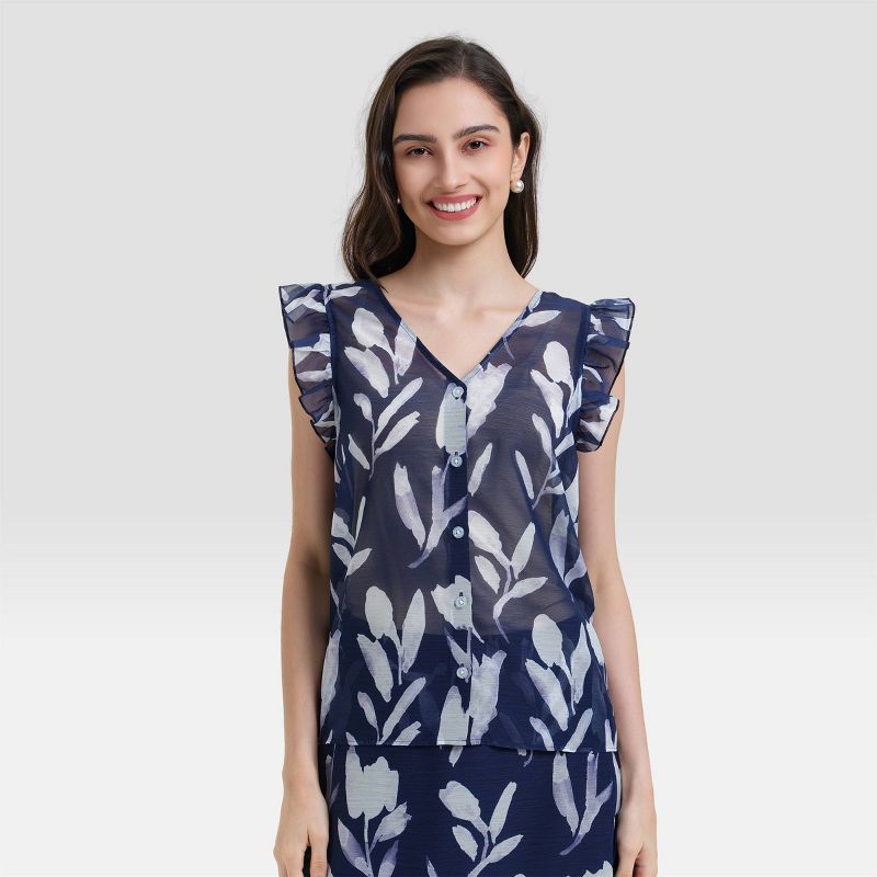 Women's Ruffle Sleeve Deep V-Neck Blouse - A New Day™ Navy Blue Floral XS: Cottagecore