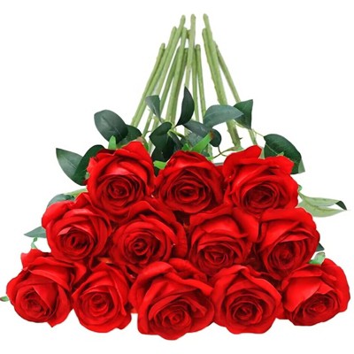 BRINJOY Classic Red Artificial Roses - 12 Long-Stem Silk Roses for Weddings, Home & Office Decor (50cm)