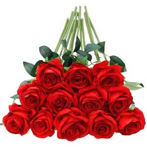 BRINJOY Classic Red Artificial Roses - 12 Long-Stem Silk Roses for Weddings, Home & Office Decor (50cm) - 1 of 4