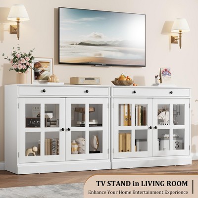 White Modern Sideboard Buffet Cabinet with Glass Doors and Drawer
