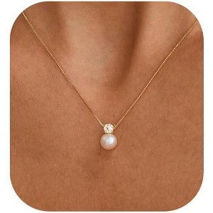 Summit Adventure 14K Gold Pearl Necklace for Women – Dainty CZ Pendant Choker, Trendy Wedding Jewelry - 1 of 4