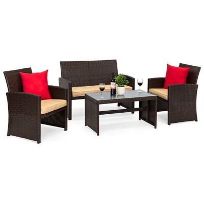 Best Choice Products 4-Piece Wicker Patio Conversation Furniture Set w/ 4 Seats, Tempered Glass Tabletop