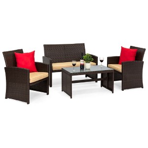 Best Choice Products 4-Piece Outdoor Wicker Patio Conversation Furniture Set w/ Table, Cushions - 1 of 4