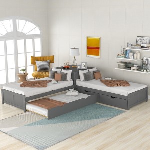 Whisen Twin Size L-shaped Platform Bed with Trundle and Drawers Linked with built-in Desk - 1 of 4