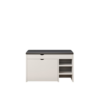 Vynxaria White Black Shoe Bench with Soft Cushion and Hidden Storage