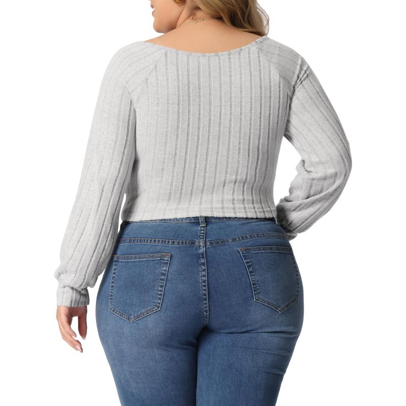 Agnes Orinda Women's Plus Size Ribbed Knit Soft Warm Outfits Long Sleeve Crop Blouses, 4 of 6