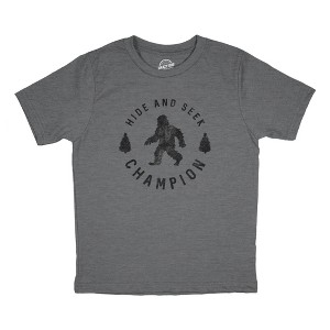 Youth Hide And Seek Chamption T Shirt Funny Hidding Bigfoot Sasquatch Joke Tee For Kids - Crazy Dog Youth T Shirt - 1 of 4