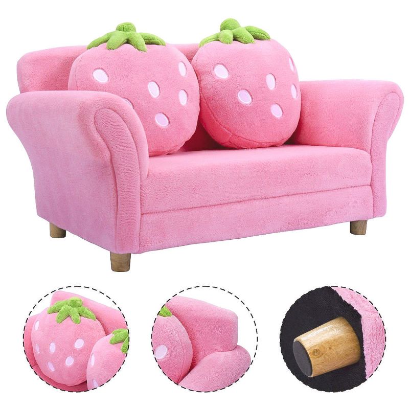 Costway Kids Sofa Strawberry Armrest Chair Lounge Couch w/2 Pillow Children Toddler Pink, 1 of 11