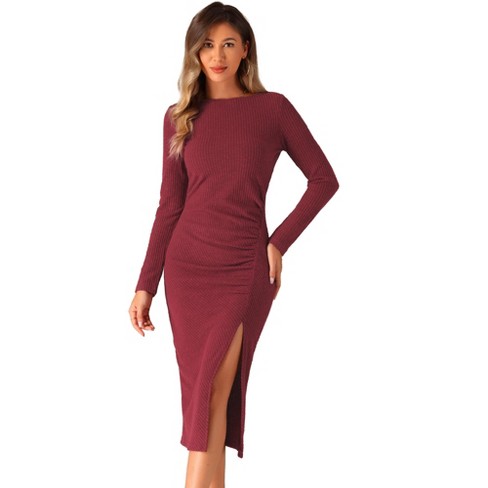 Allegra K Women s Fall Casual Long Sleeve Round Neck Ruched Slit Fitted Midi Dress Dark Red X small Target