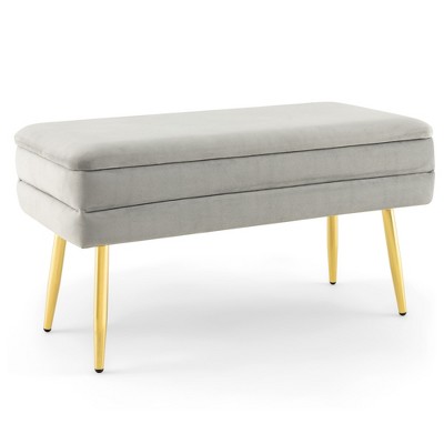 Tangkula Velvet Upholstered Storage Bench Bedroom Ottoman Bench w/ Removable Top Grey