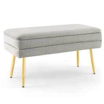 Tangkula Velvet Upholstered Storage Bench Bedroom Ottoman Bench w/ Removable Top Grey