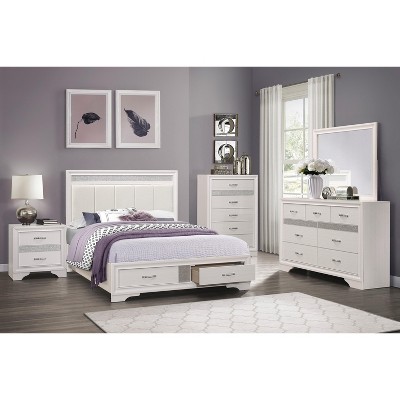 Vynxaria Glamorous Nightstand: Elegant White Finish with Hidden Jewelry Drawer and Silver Glitter Accents
