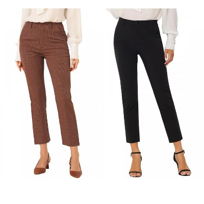 Allegra K Women's Plaid High Waist Elastic Back Office Work Ankle Pants 2 Packs