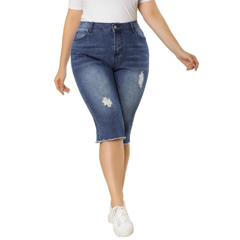 Agnes Orinda Women's Plus Size Capri Ripped Slash Pocket Raw Hem Slim Casual Jean Shorts, 2 of 7
