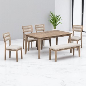 6-Piece Dining Table Set, Extendable Table with 4 Upholstered Chairs & Bench, Rubber Wood Frame, MDF Top, Traditional Style for Dining Room & Kitchen - 1 of 4
