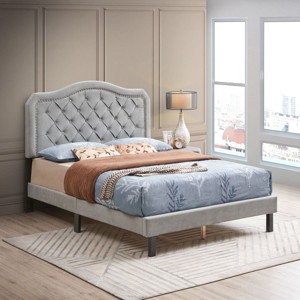 Streamdale Gray Velvet Upholstered Queen Platform Bed - 1 of 4