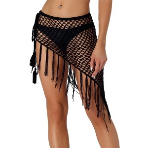 Allegra K Women's Hollow Out Beach Cover Up Fish Net Wrap Mesh Sheer Mini Tassel Skirts - 1 of 4