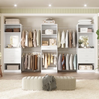 Aheaplus 12.2 - 18.5 FT Closet Organizer with 2 Mirrors, Wooden Closet System with 9 Drawers and 6 Hanging Rods