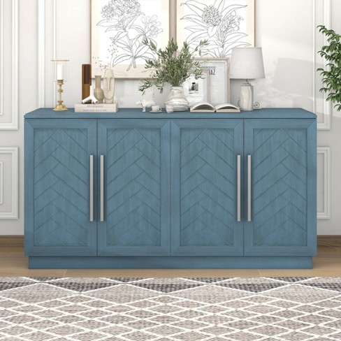 60.1 w 4 door Sideboard Storage Buffet Cabinet With Adjustable Shelves And Silver Handles Antique Blue Habitrio Target