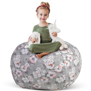 Creative QT Stuff 'n Sit Large 33'' Bean Bag Storage Cover for Stuffed Animals & Toys - Gray Floral Print - Toddler & Kids - 1 of 4