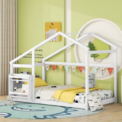 NicBex Twin Size Wood Montessori Bed with Shelf,Floor Bed with House Roof Frame,Modern Toddler Bed for Bedroom,White